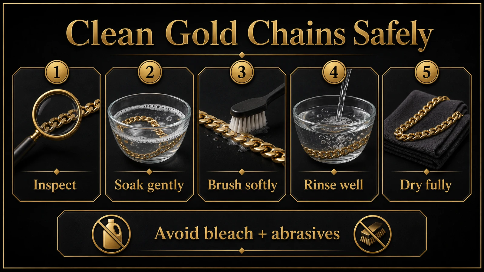 Gold chain cleaning steps infographic