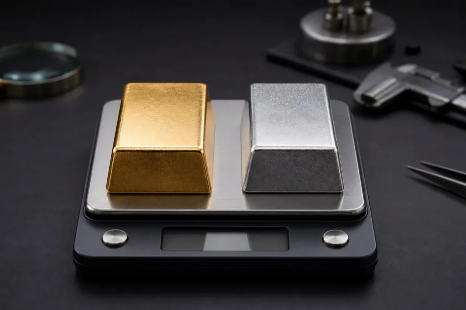 Gold and silver bars on a precision scale showing density comparison
