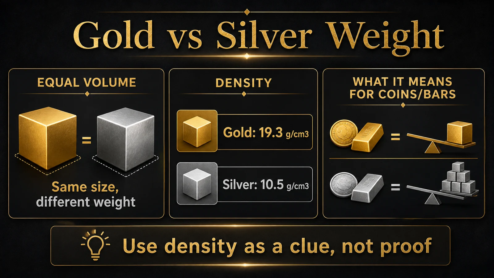 Infographic comparing gold and silver density by volume