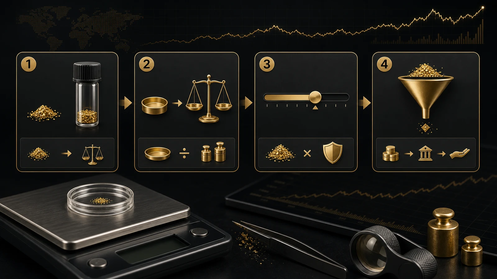 Professional infographic explaining 14 milligrams of gold value calculation by weight, troy ounce, purity, and payout