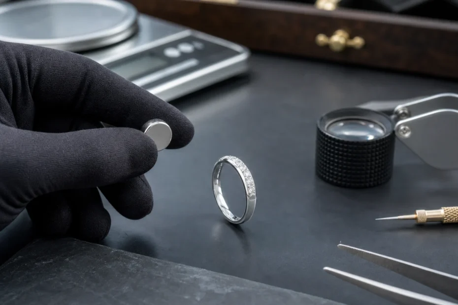 White gold ring and magnet on a jeweler testing bench