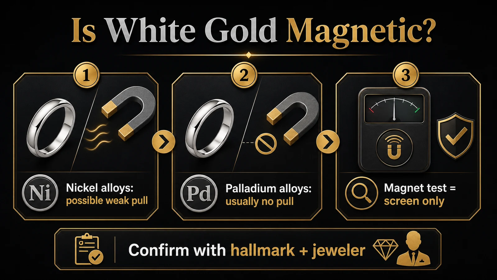 White gold magnetism infographic comparing nickel and palladium alloys