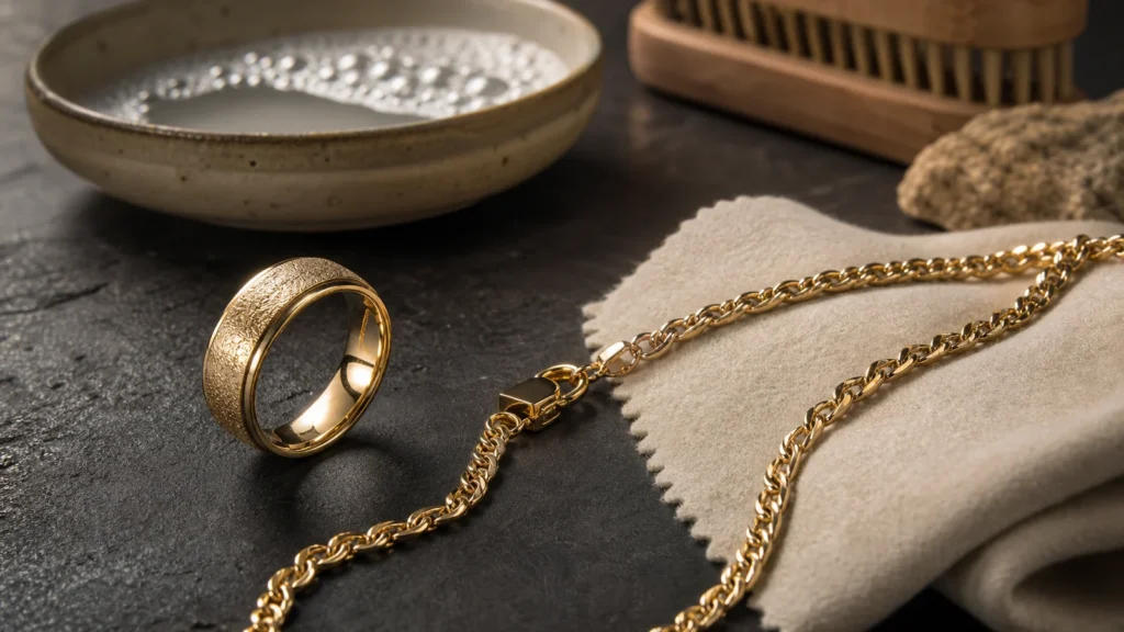 14K gold jewelry with polishing cloth and care tools
