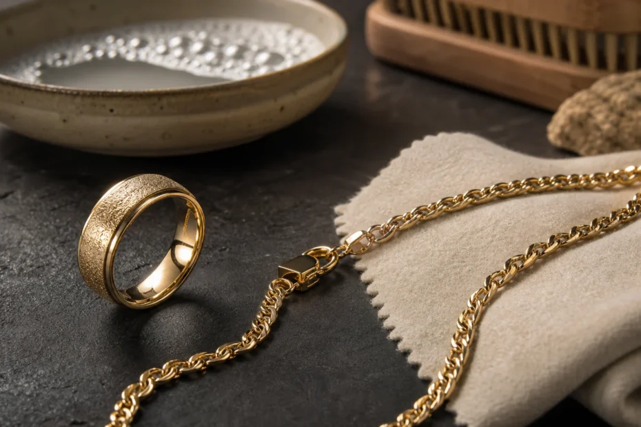 14K gold jewelry with polishing cloth and care tools