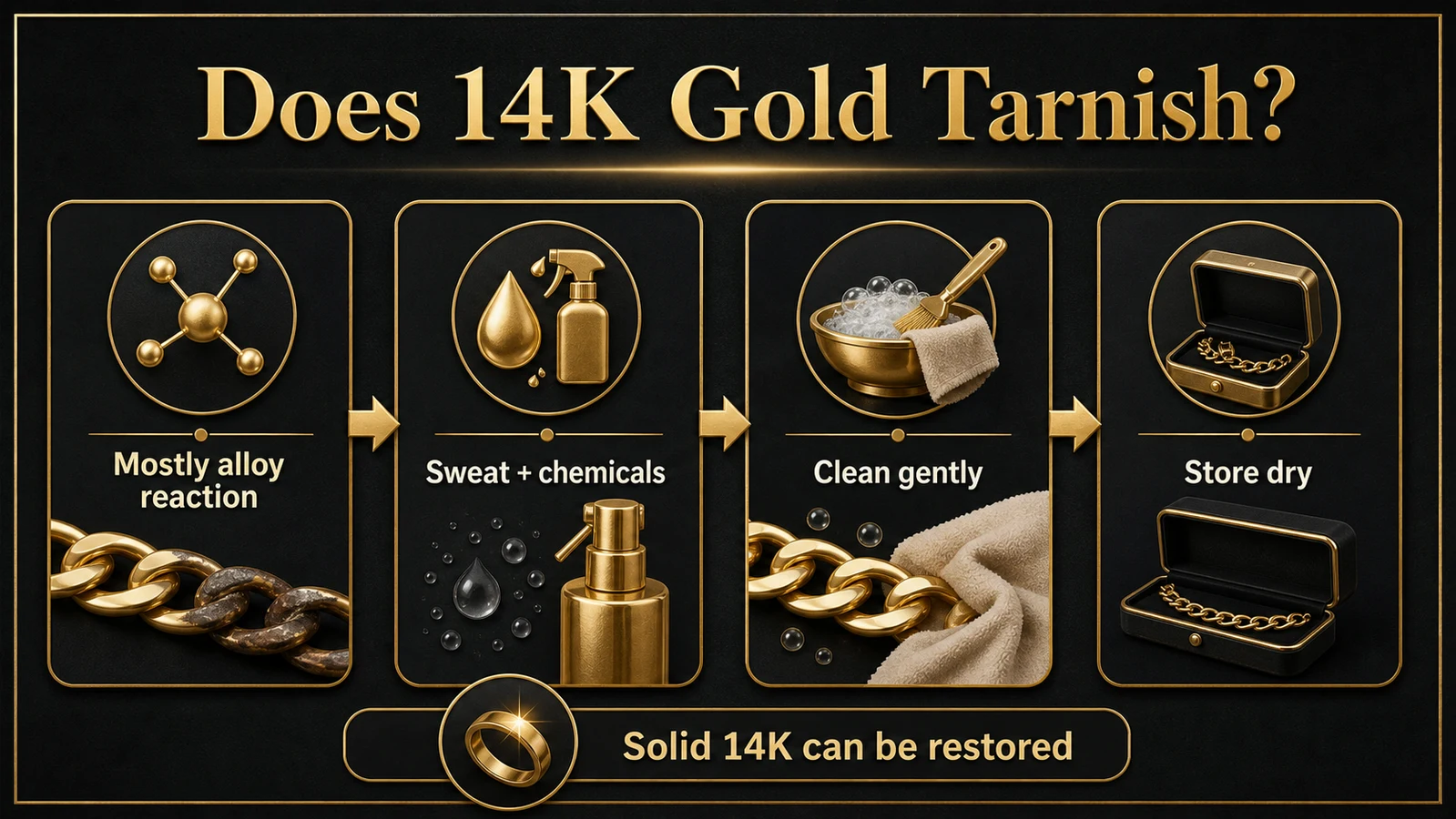Infographic explaining 14K gold tarnish causes and care steps