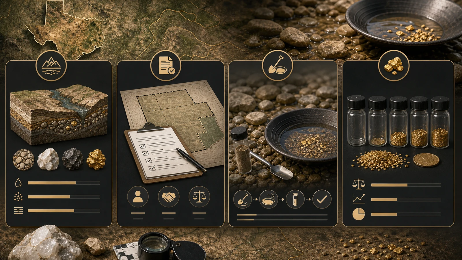 Professional infographic showing Texas gold prospecting clues, legal access, sampling, and yield reality