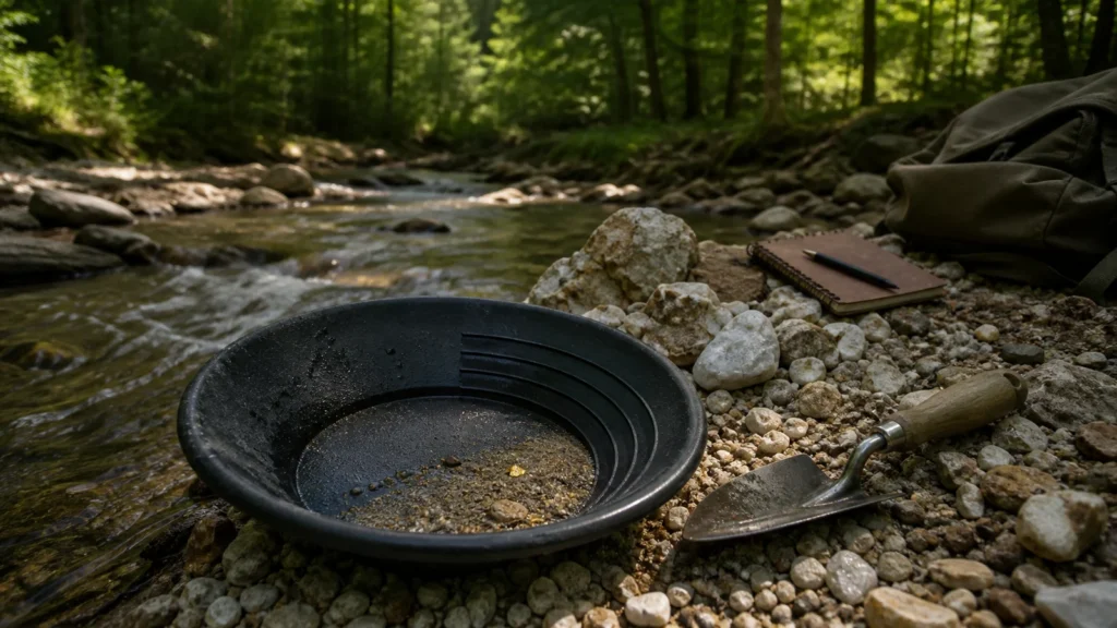 Gold pan and quartz gravel in a Virginia Piedmont creek