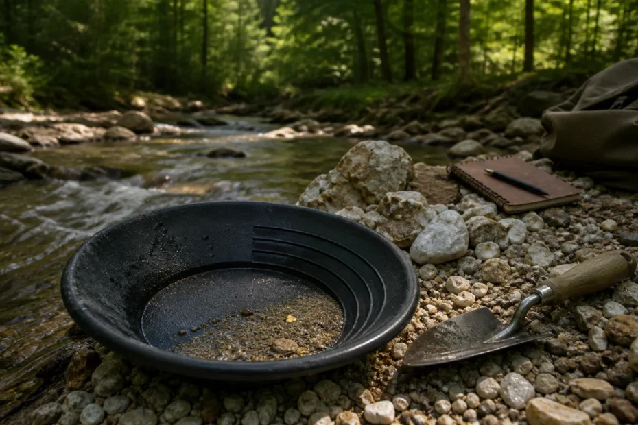 Gold pan and quartz gravel in a Virginia Piedmont creek