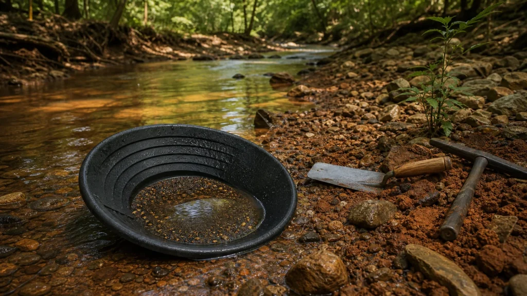 Gold pan in an Alabama creek with red clay gravel