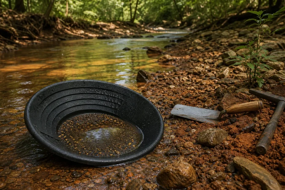 Gold pan in an Alabama creek with red clay gravel