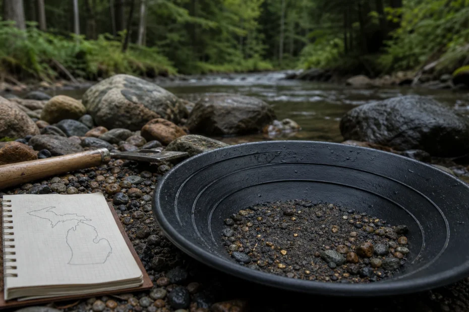 Gold pan in a Michigan stream with glacial gravel