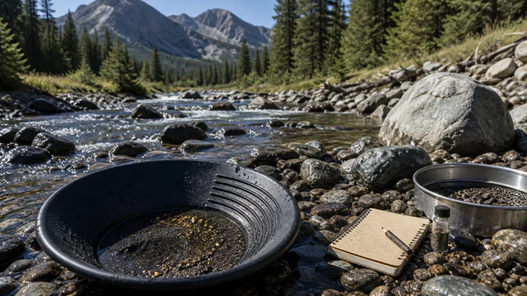 Gold pan in an Idaho mountain creek