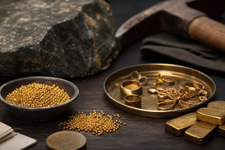 Responsible gold sourcing materials and certification documents on a workbench