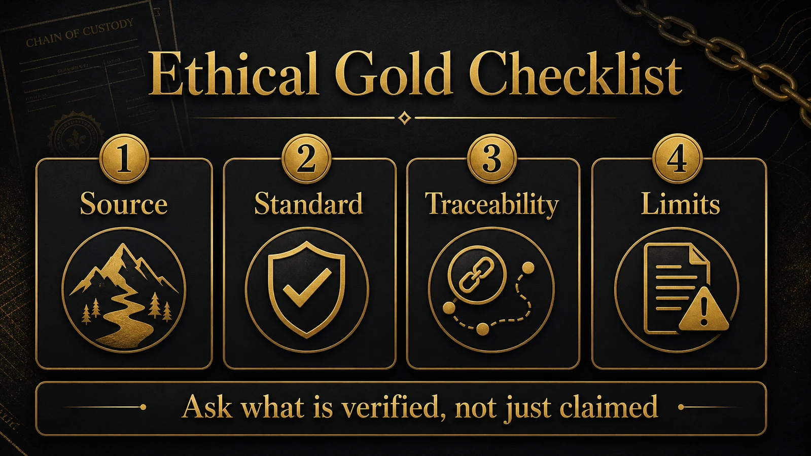 Ethical gold checklist infographic for source, standards, traceability, and limits