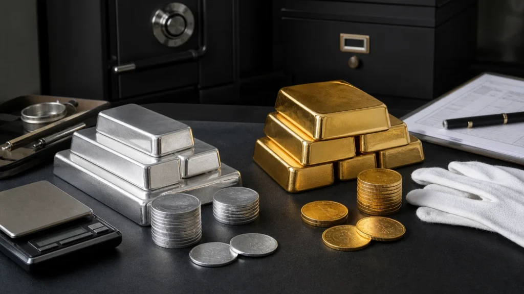 Gold and silver bullion bars and coins arranged on a secure desk