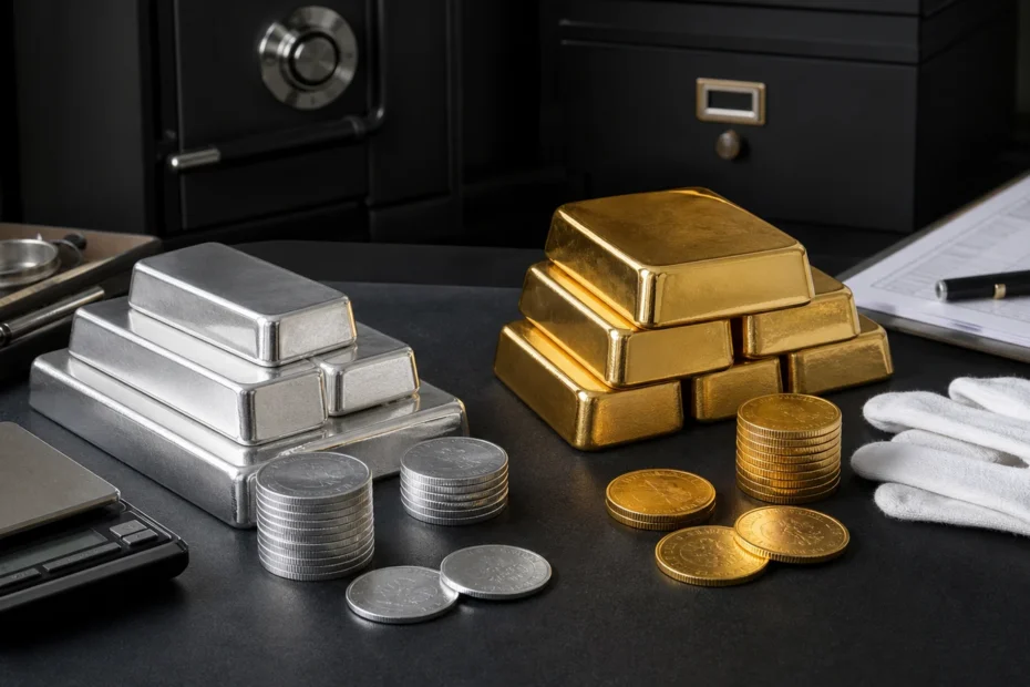 Gold and silver bullion bars and coins arranged on a secure desk