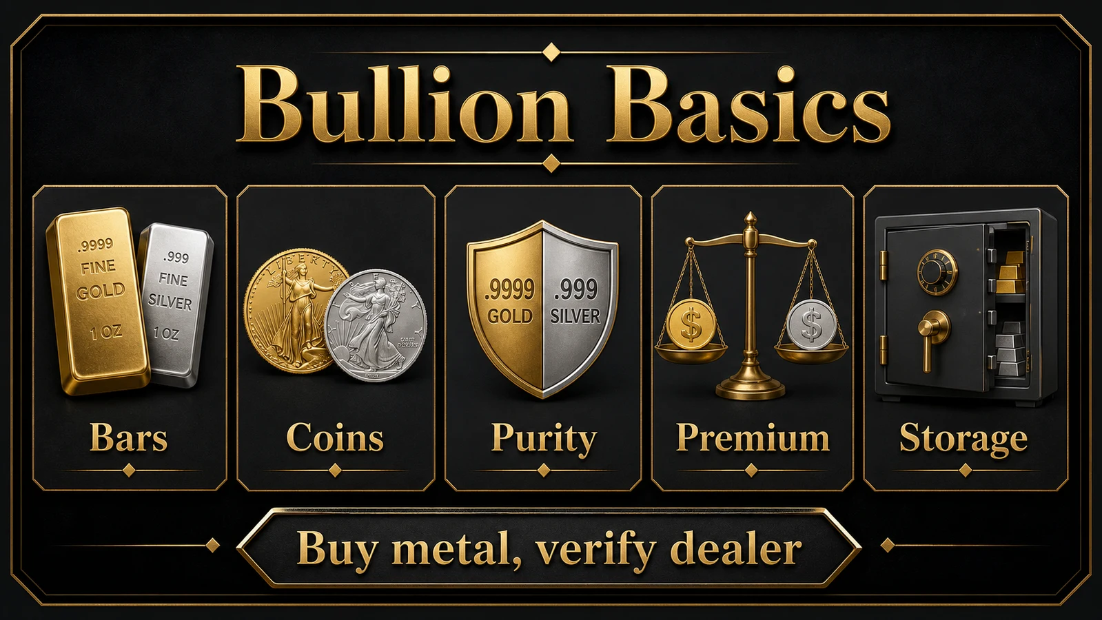 Gold and silver bullion basics infographic covering bars, coins, purity, premium, and storage