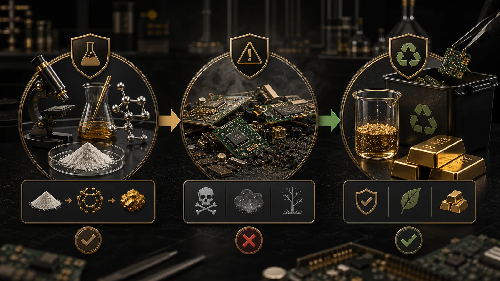 Professional infographic explaining cyclodextrin gold recovery research, e-waste risk, and responsible recycling