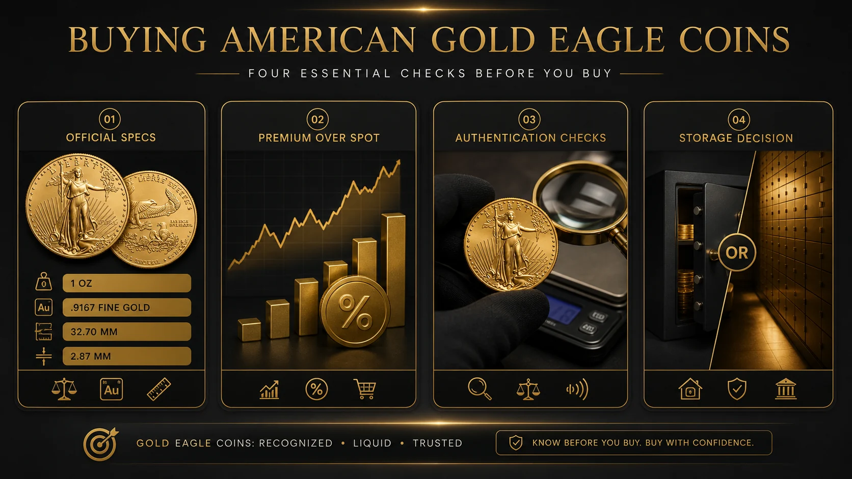 American Gold Eagle buying checks infographic covering specs premium verification and storage