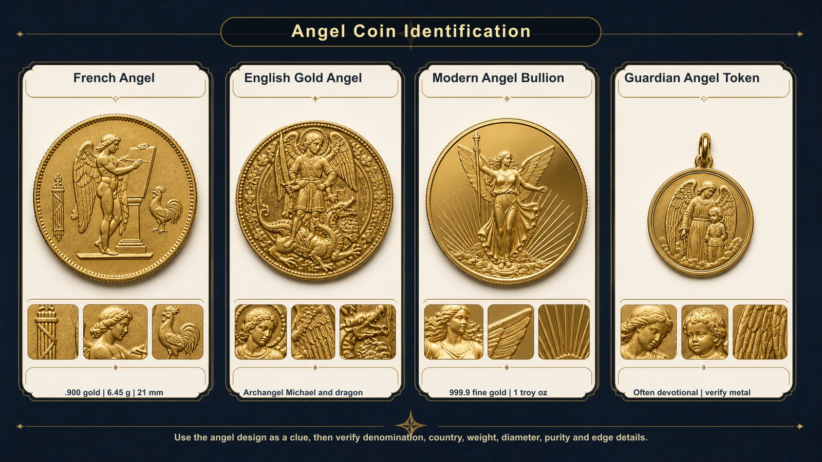 Angel coin identification infographic comparing French Angel, English Gold Angel, modern Angel bullion, and guardian angel token