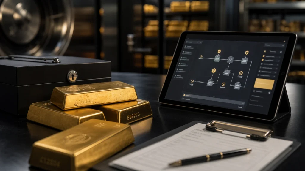 Gold bars in a vault with a digital ledger verification screen