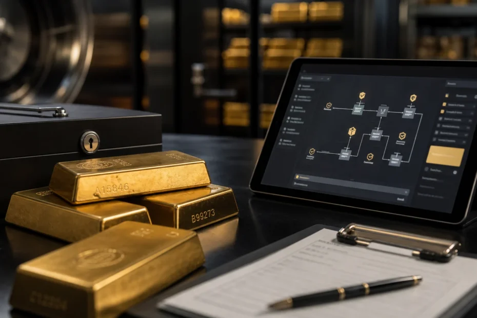 Gold bars in a vault with a digital ledger verification screen