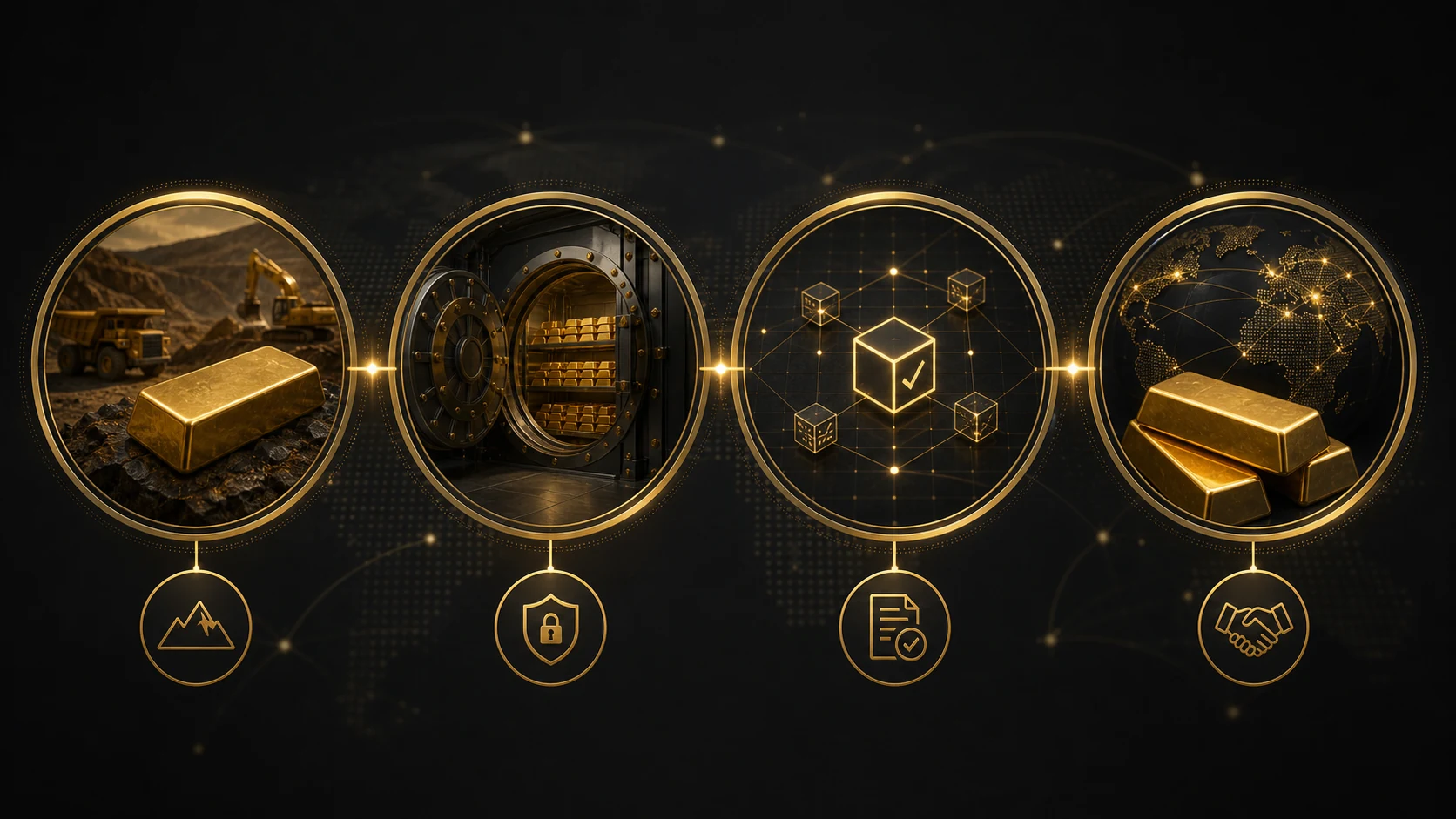 Gold trade blockchain workflow from provenance to custody, ledger verification, and settlement