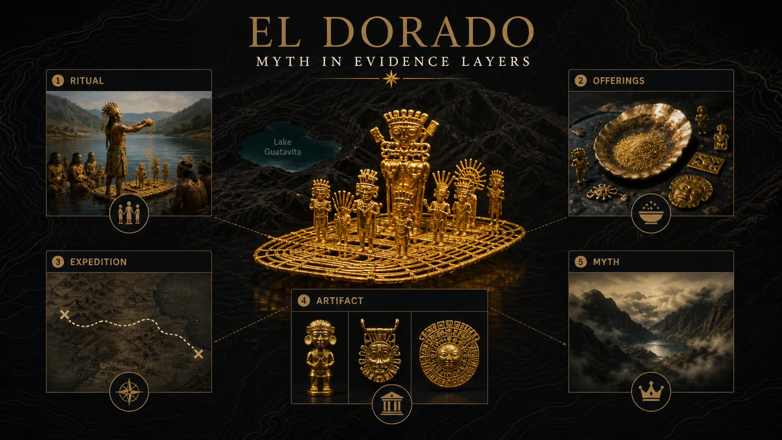 El Dorado evidence infographic showing Lake Guatavita, the Muisca raft, Spanish expeditions, and the mythical lost city