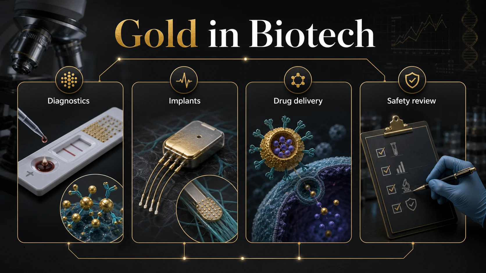 Gold in biotechnology infographic showing diagnostics, implants, drug delivery, and safety review