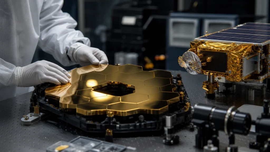 Gold-coated space telescope mirror and satellite hardware in an aerospace lab