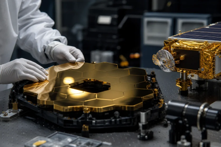 Gold-coated space telescope mirror and satellite hardware in an aerospace lab
