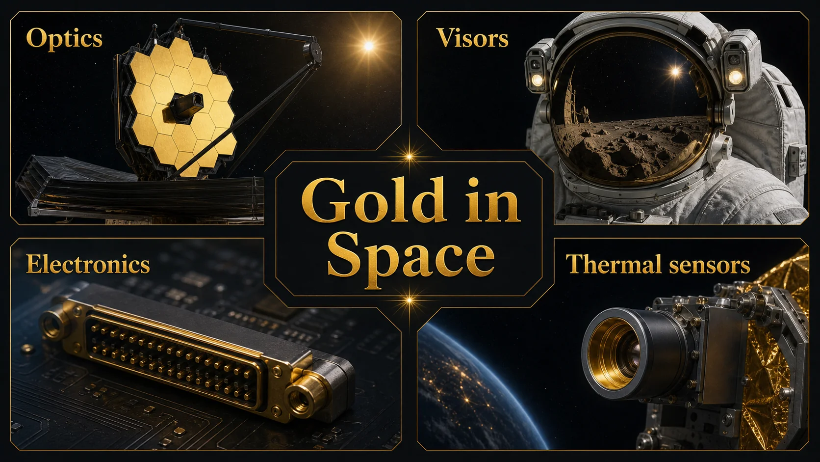 Gold in space infographic showing optics, visors, electronics, and thermal sensors