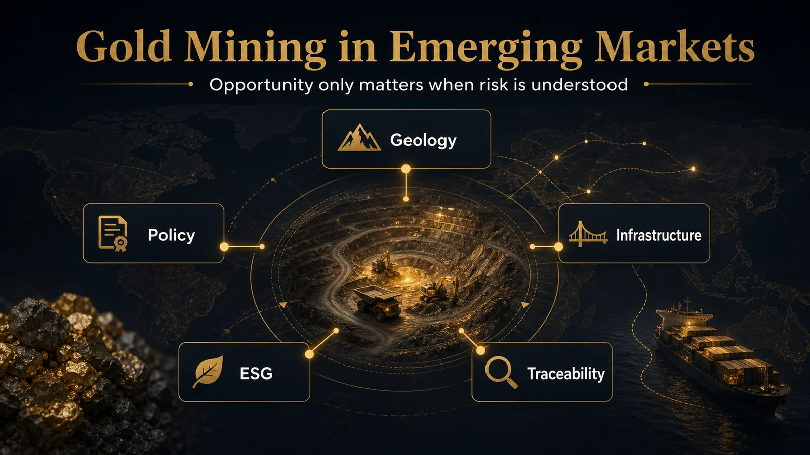 Infographic showing geology, policy, infrastructure, ESG and traceability risks in emerging market gold mining