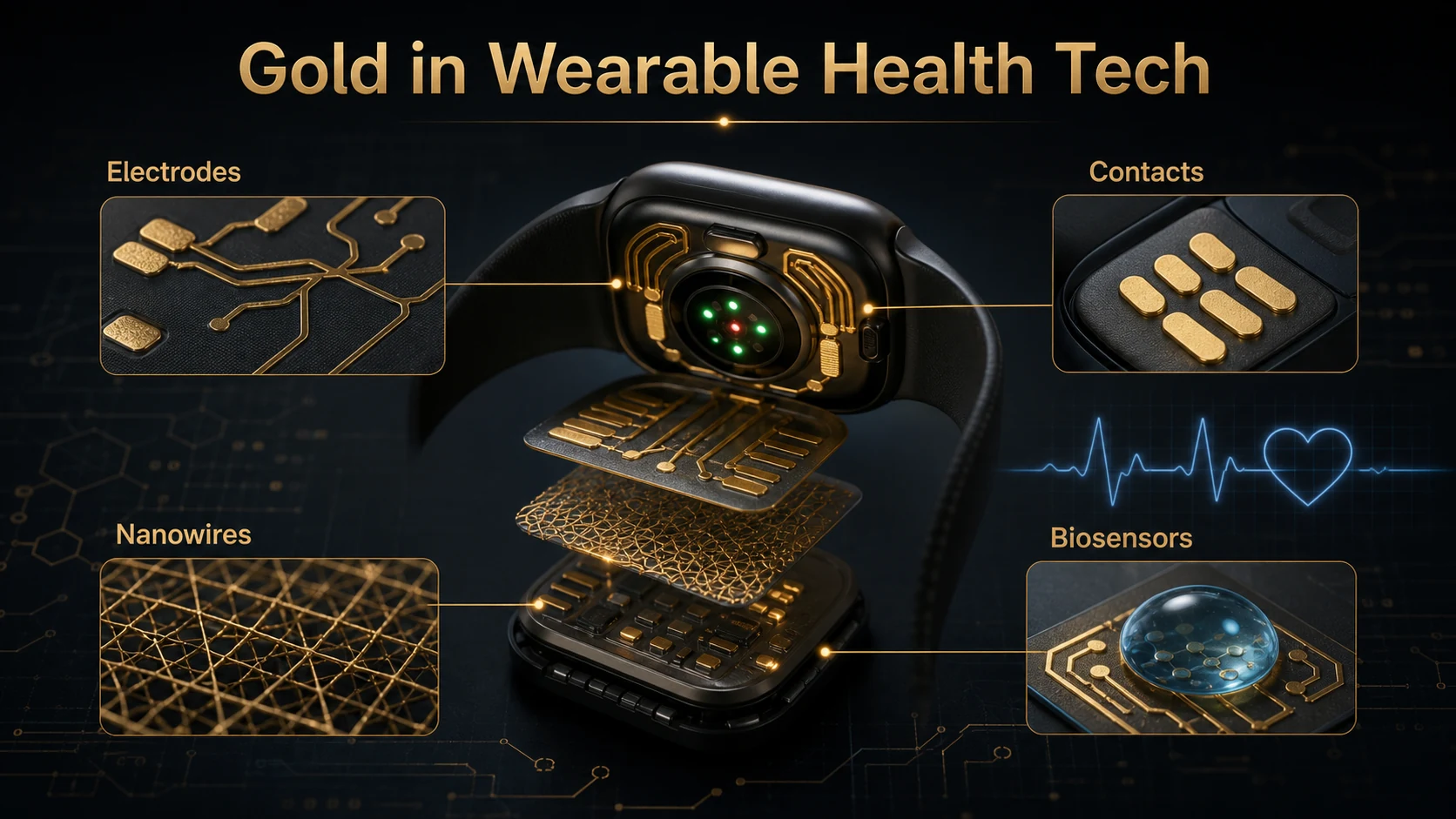 Infographic showing gold electrodes, contacts, nanowires, and biosensors inside wearable health technology