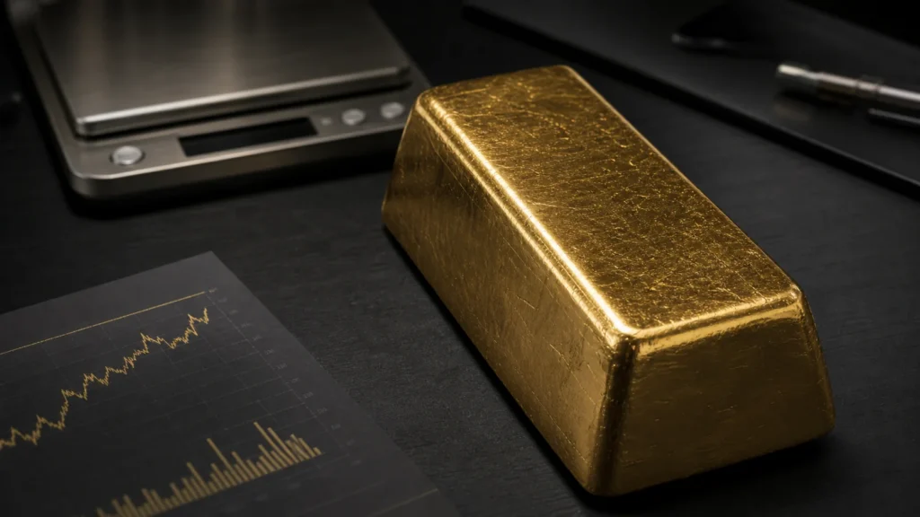 Large gold bar on a desk with scale and market chart