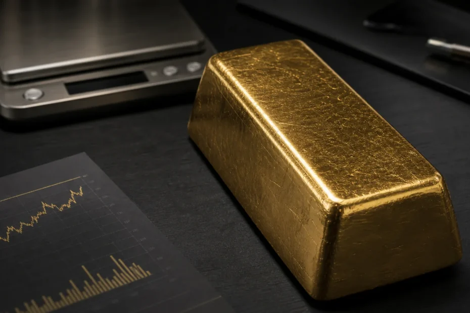 Large gold bar on a desk with scale and market chart