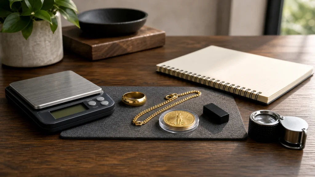 Gold jewelry, coin, scale, magnet, and loupe arranged for safe at-home gold testing