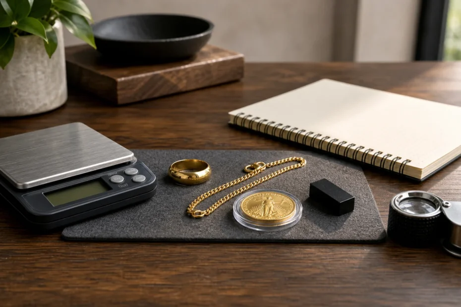 Gold jewelry, coin, scale, magnet, and loupe arranged for safe at-home gold testing