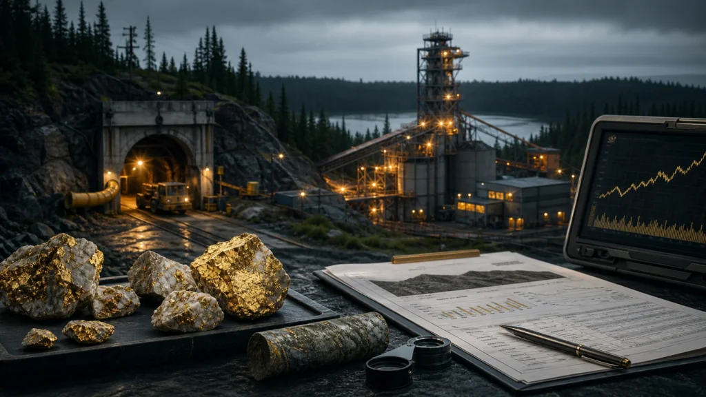 Underground gold mine entrance, mill, gold ore samples, and mining analysis documents for the Madsen restart case study