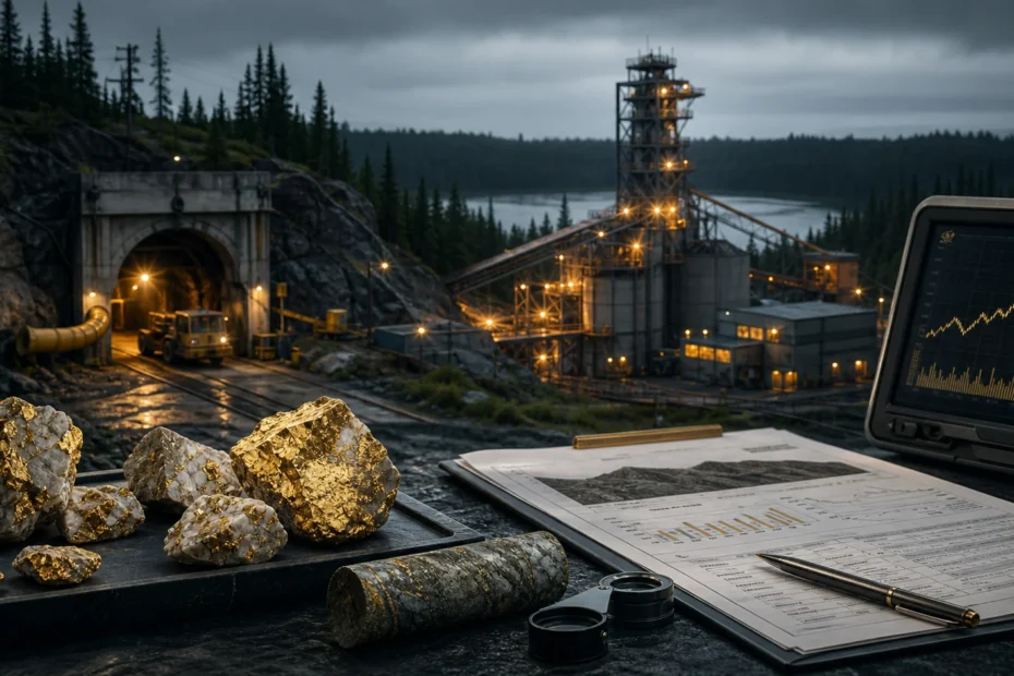 Underground gold mine entrance, mill, gold ore samples, and mining analysis documents for the Madsen restart case study