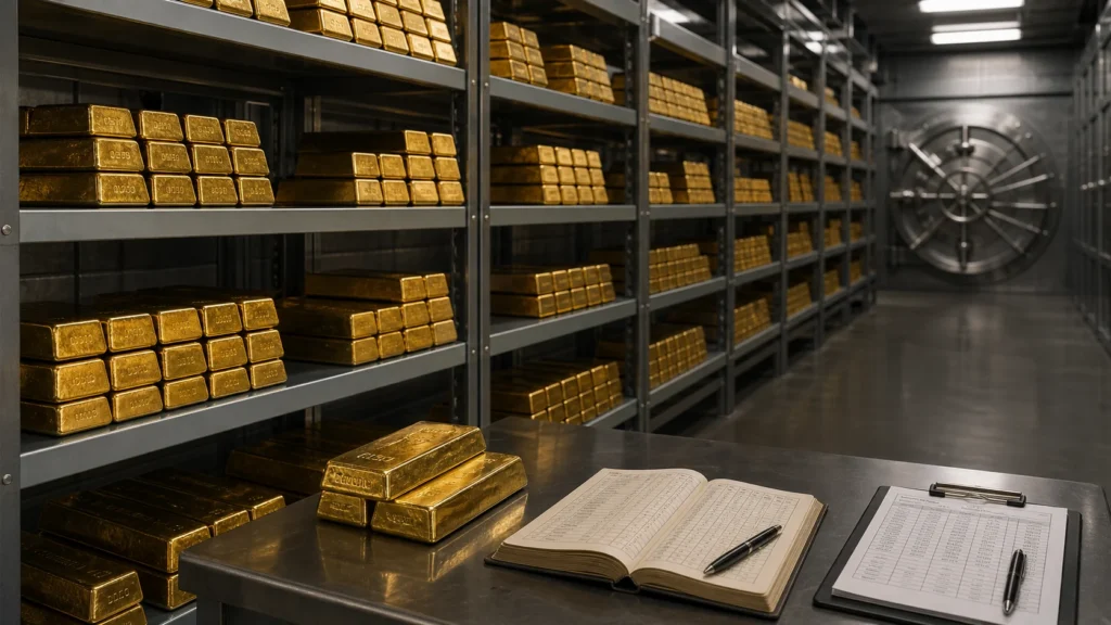 Secure gold reserve vault with gold bars and audit ledger