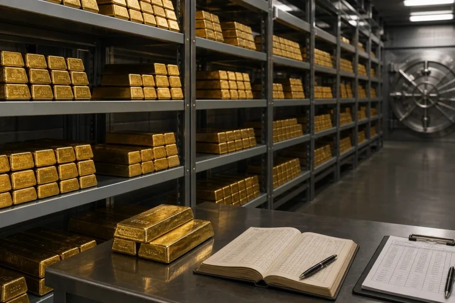 Secure gold reserve vault with gold bars and audit ledger