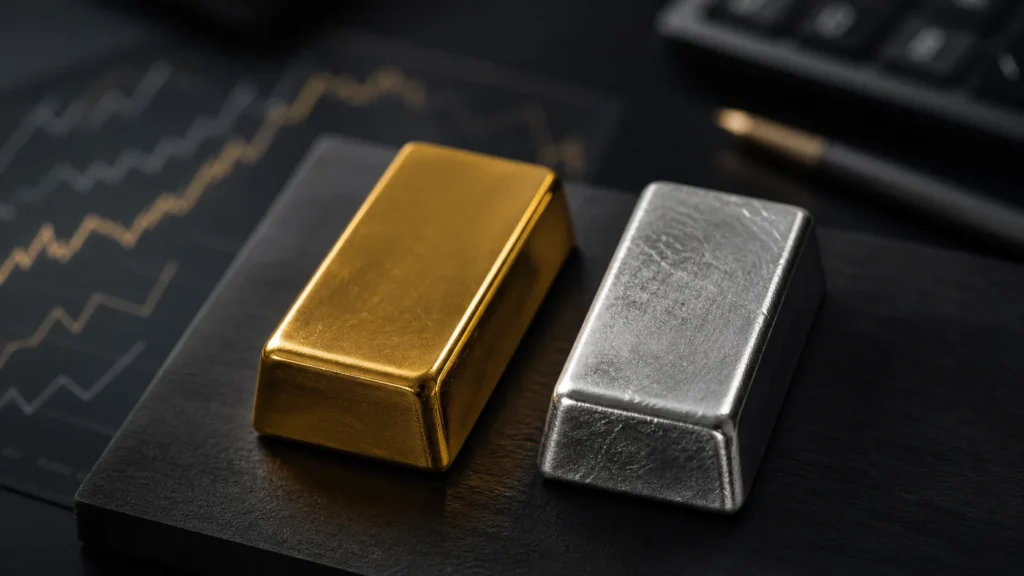 Gold and platinum bars side by side on a dark finance desk