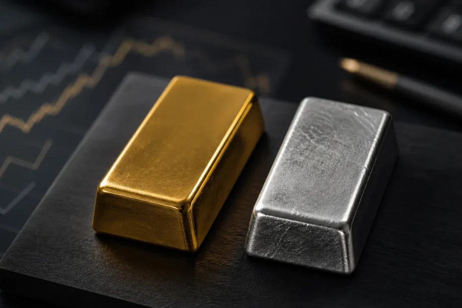 Gold and platinum bars side by side on a dark finance desk