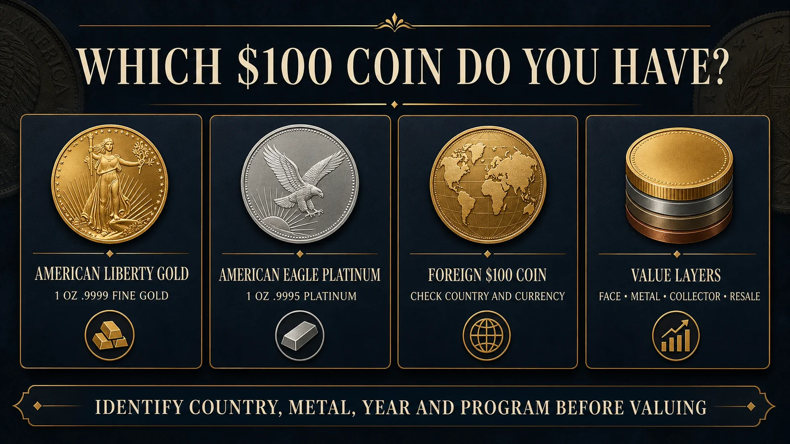 Infographic distinguishing an American Liberty gold coin, American Platinum Eagle, foreign 100 dollar coins, and face, melt, retail, and resale value