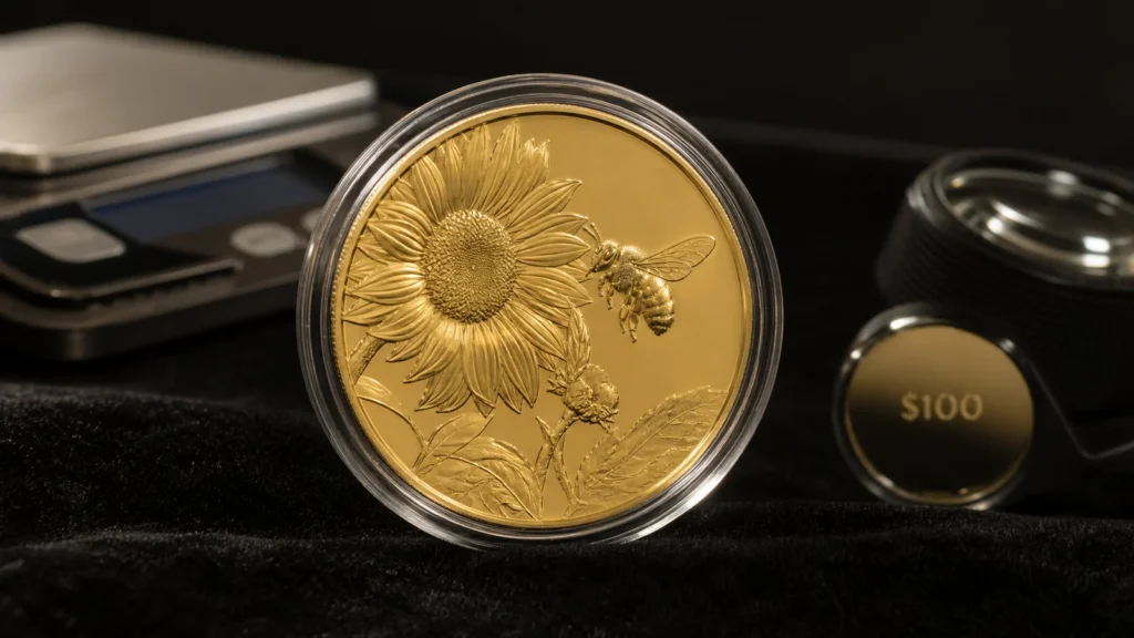 One-ounce high-relief United States gold coin with a symbolic 100 dollar denomination on a numismatic inspection desk