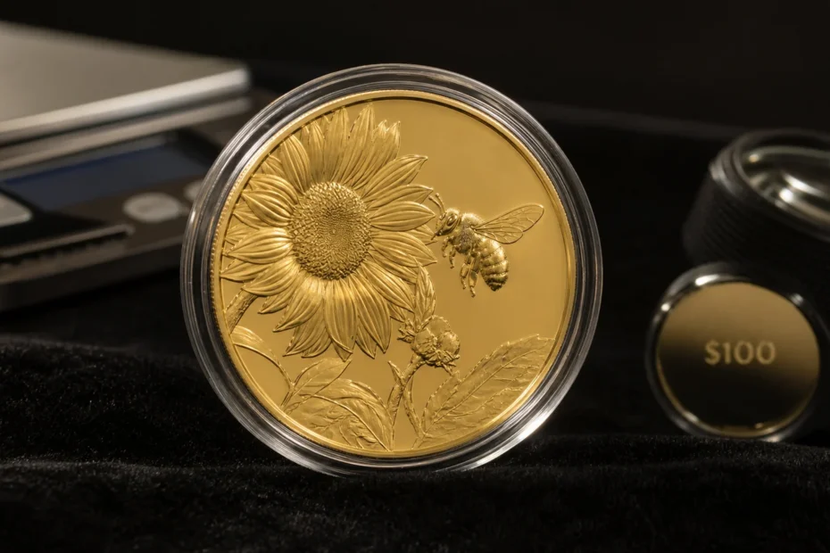 One-ounce high-relief United States gold coin with a symbolic 100 dollar denomination on a numismatic inspection desk