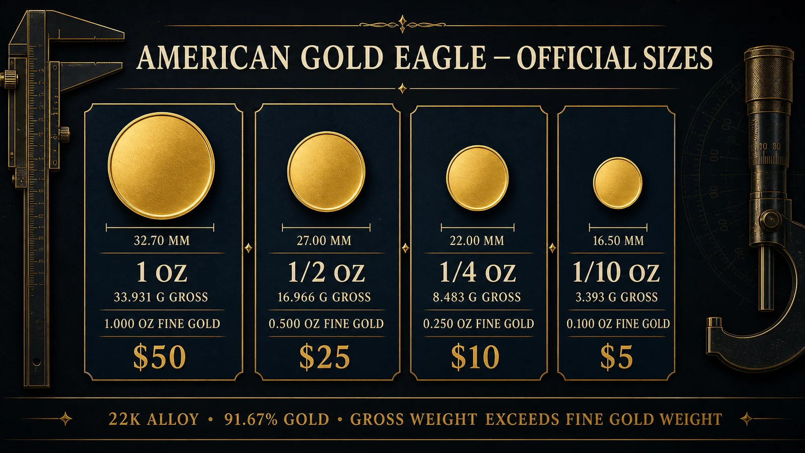 Infographic showing one ounce, half ounce, quarter ounce, and tenth ounce American Gold Eagle gross weights, fine gold, diameters, and face values