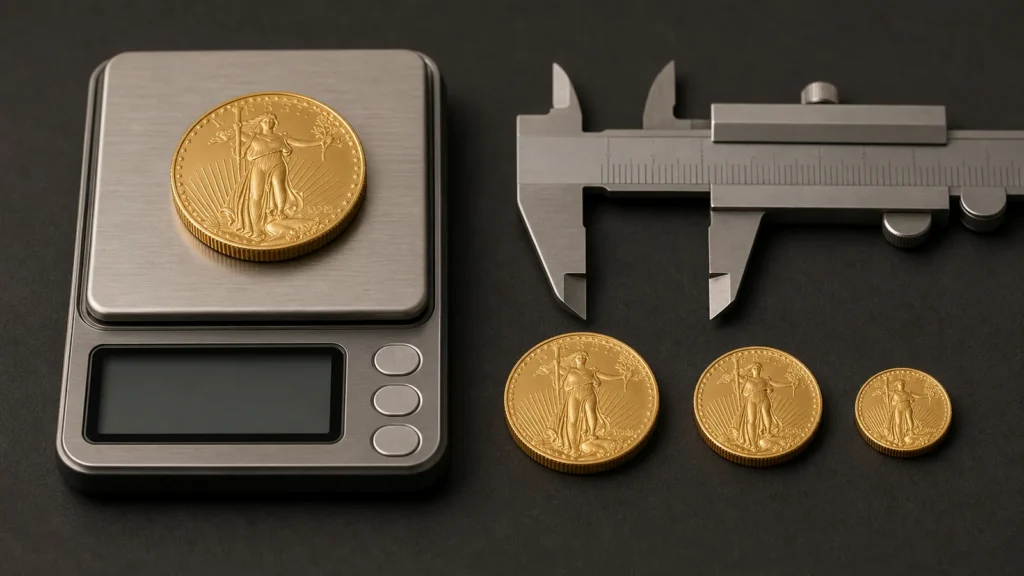 Four sizes of American Gold Eagle bullion coins beside a calibrated gram scale and caliper