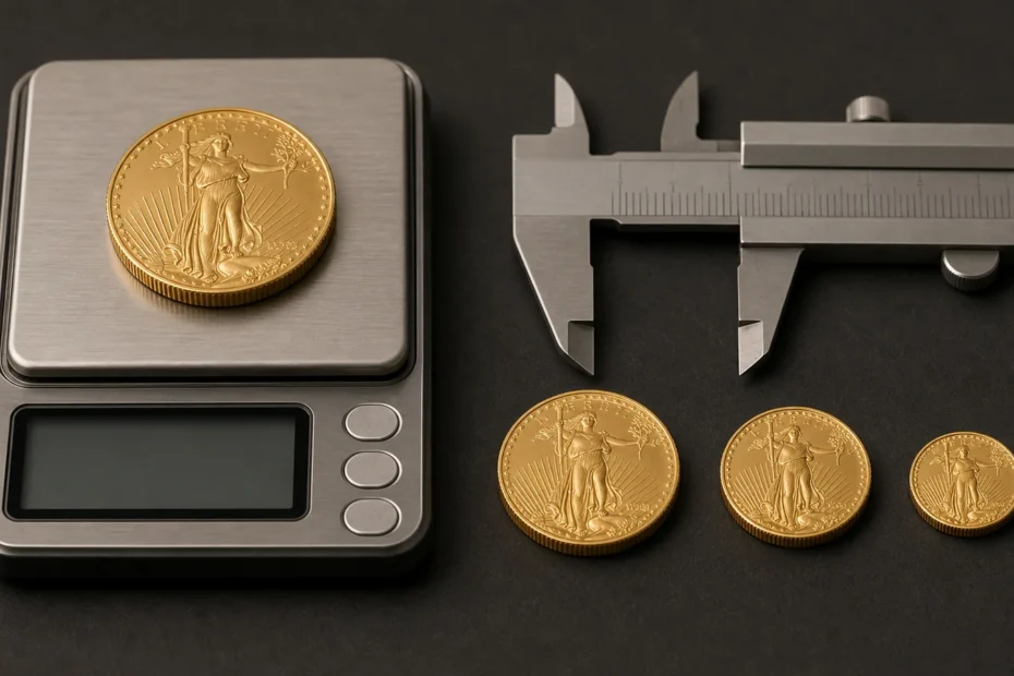 Four sizes of American Gold Eagle bullion coins beside a calibrated gram scale and caliper
